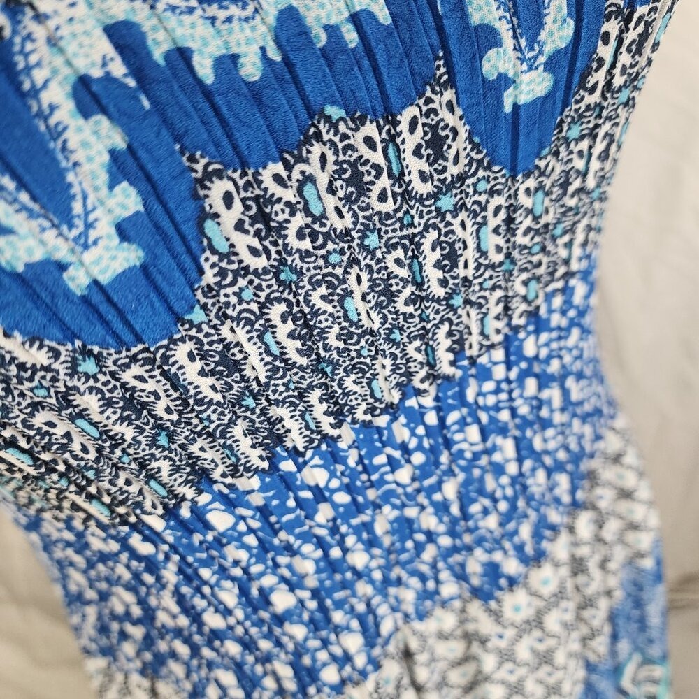 SUNNY LEIGH Size Small Blue Floral Sleeveless Pleated Rosette Ruffled Dress - Picture 8 of 11